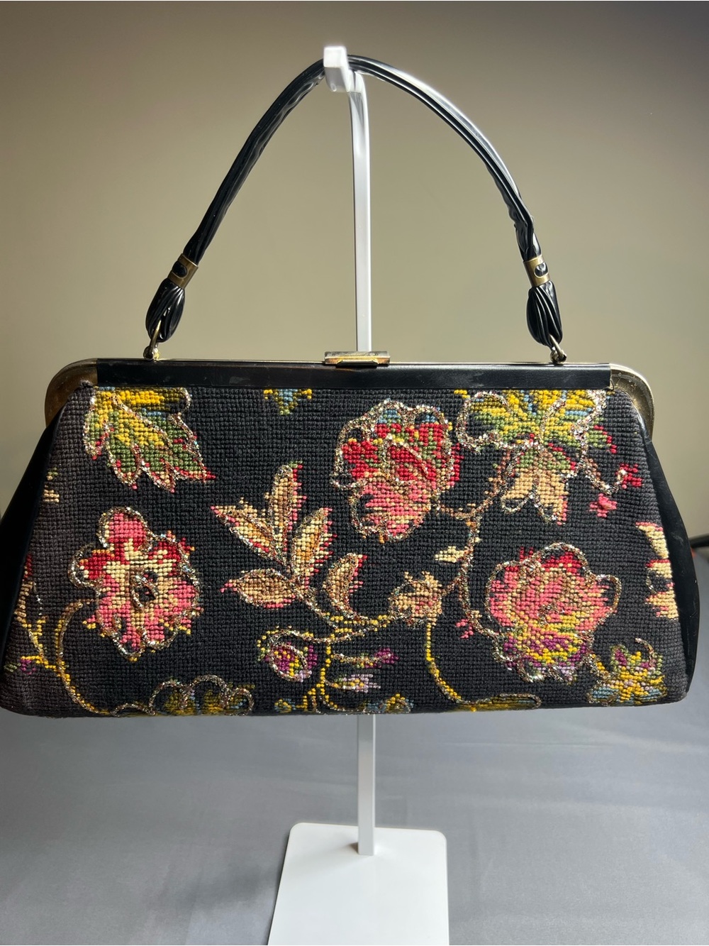 Vintage Floral Tapestry Clutch Bag Black Glitter Needlepoint Style Handbag